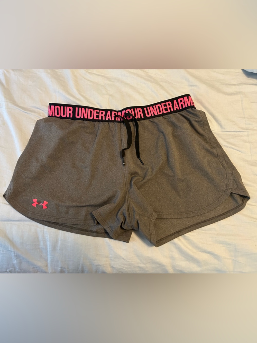 Under Armour Women’s Gray Athletic Shorts with Pink Logo and Waistband